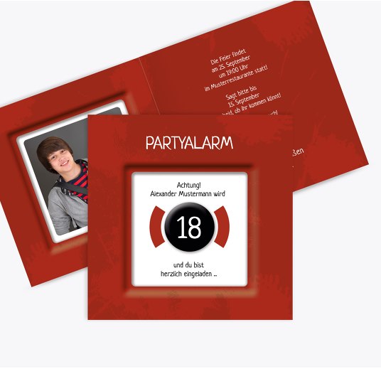 Geburtstagskarte Partyalarm 18 Foto WeinRot 145x145mm