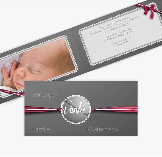 Taufe Dankeskarte Ribbon Grau 215x105mm