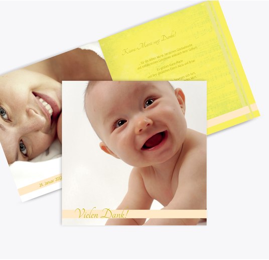 Baby Dankeskarte klangvolle Streifen KräftigHellGelb 145x145mm