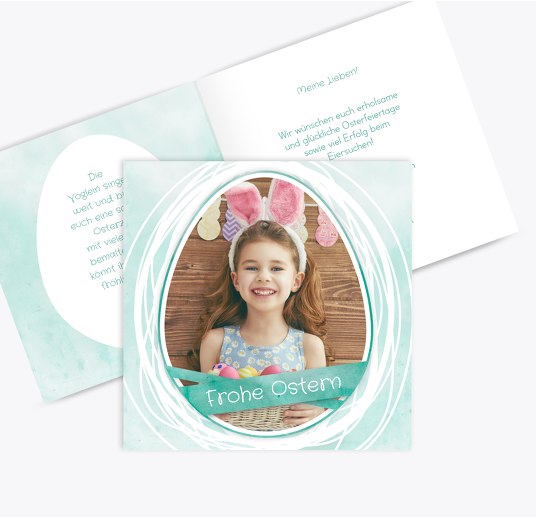 Osterkarte Ostereiersuche hellesTuerkis 145x145mm