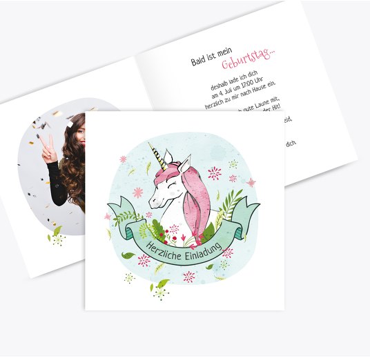 Einladung mit Foto Einhorn Hellgruenblau 145x145mm