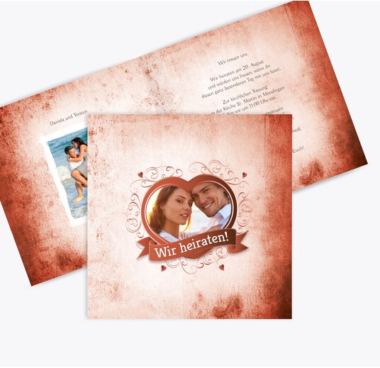 Hochzeit Einladungskarte Herz dunkelorange 145x145mm