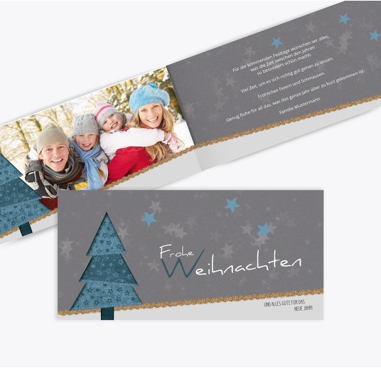 Weihnachtstgrußkarte Foto Farbbäumchen KräftigHellMarineblau 215x105mm