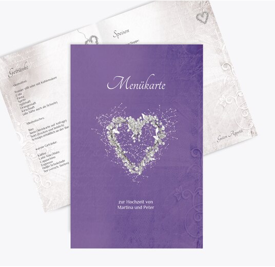 Hochzeit Menükarte glamour heart LilaFlieder 148x210mm