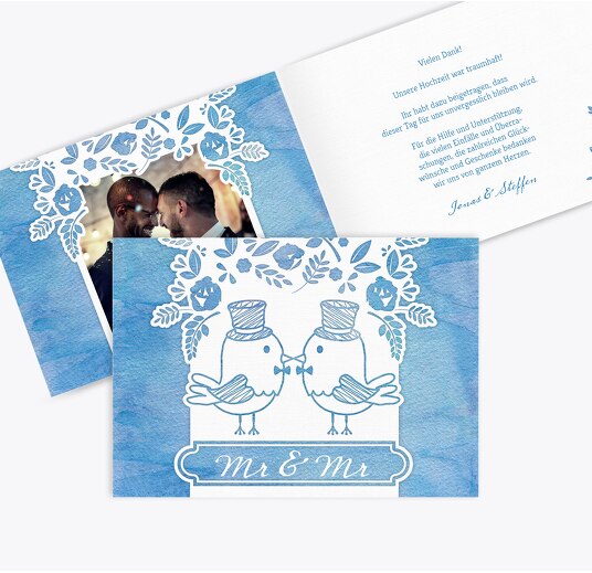 Hochzeit Dankeskarte Vogelpaar- Männer MattBlau 148x105mm