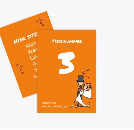 Tischnummer Comic Brautpaar Orange 105x148mm