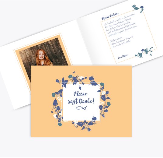 Kommunion Dankeskarte Blumenkranz PastellHellOrange 148x105mm