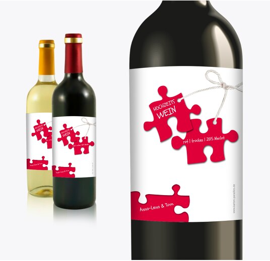 Hochzeit Flaschenetikett Puzzleteile Rot 90x120mm