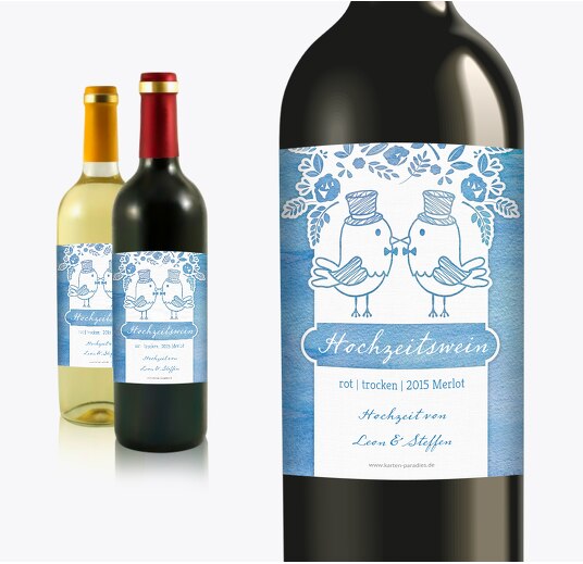 Flaschenetikett Vogelpaar- Männer MattBlau 90x120mm