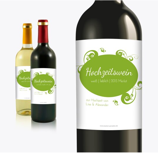 Hochzeit Flaschenetikett squiggle chubby Grasgruen 90x120mm