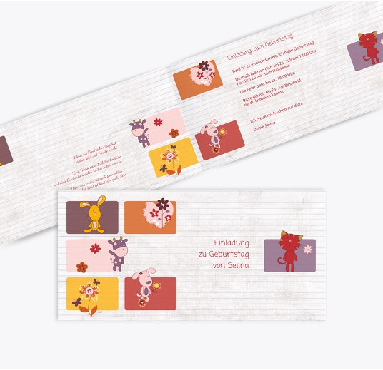 Einladungskarte Tierische Elemente DunkelMattRot 215x105mm