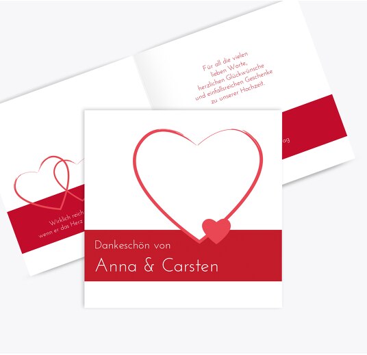 Hochzeit Dankeskarte 2 Herzensband Rot 145x145mm