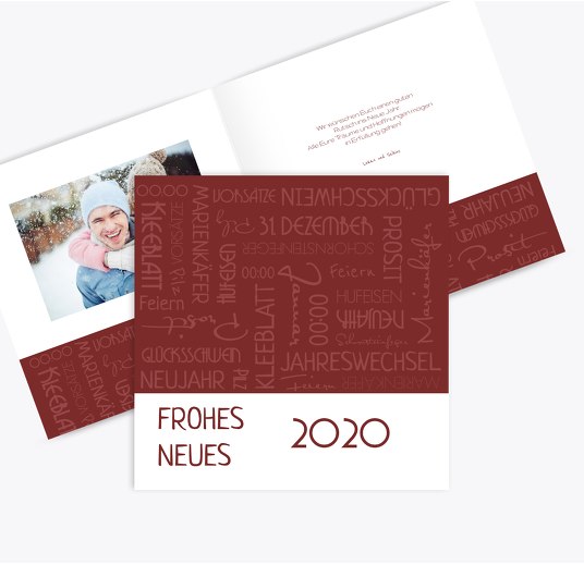 Neujahrskarte Schlagworte Dunkelrot 145x145mm