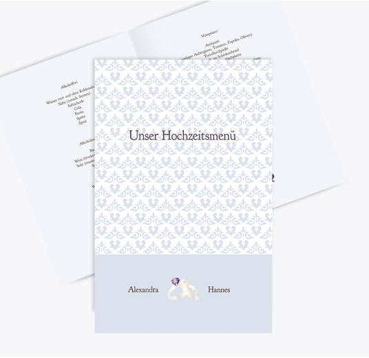 Menükarte Ornament mit Herz HellgrauBlau 148x210mm