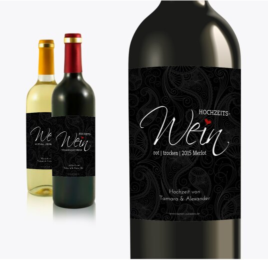 Hochzeit Flaschenetikett Traumhochzeit Schwarz 90x120mm