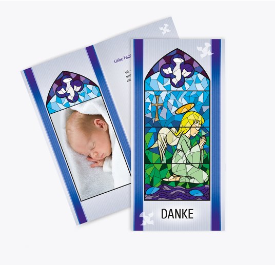 Taufe Dankeskarte Kirchenfenster Blau 105x215mm
