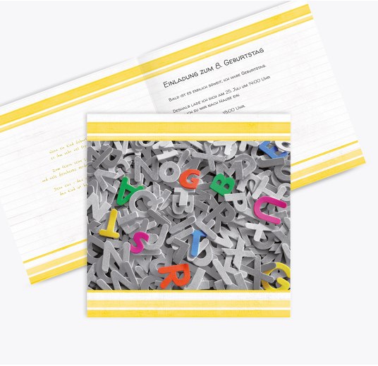 Geburtstag Buchstabensalat Butterblumengelb 145x145mm