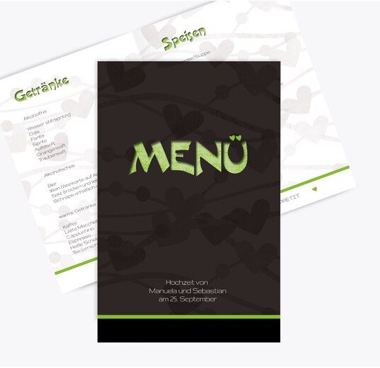 Hochzeit Menükarte wilde Herzen Grasgruen 148x210mm
