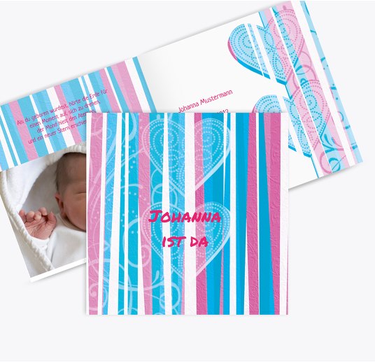 Geburtskarte Hearts and Stripes Pinkrosa 145x145mm