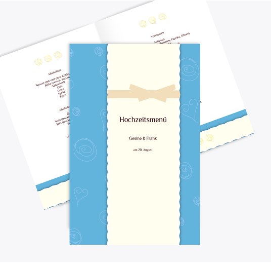 Hochzeit Menükarte curly hearts Hellblauleuchtend 148x210mm