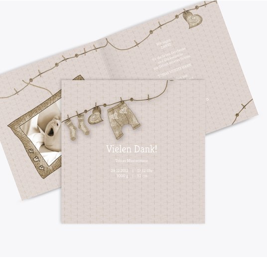 Baby Dankeskarte Wäscheleine OckerBeige 145x145mm