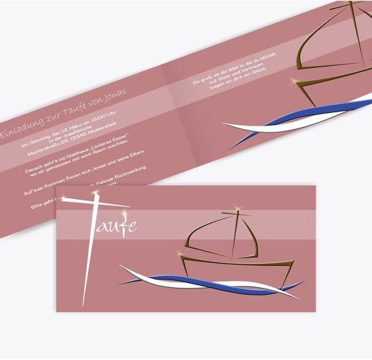 Einladungskarte Schiffchen auf Wellen 2 HellRotMatt 215x105mm