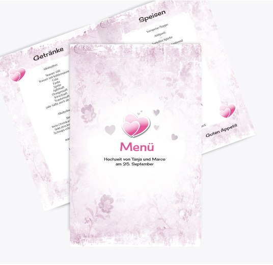 Hochzeit Menükarte Din romantische Liebe Pinkdunkellila 148x210mm