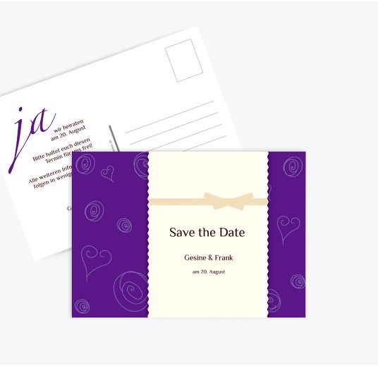 Save-the-Date curly hearts LilaBlauLeuchtend 148x105mm