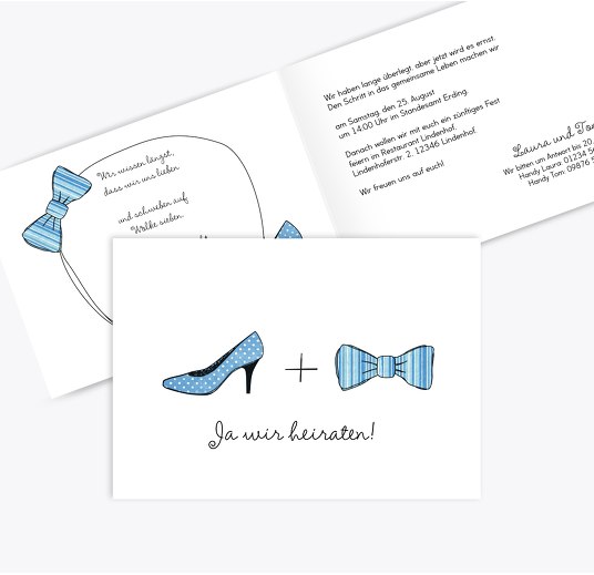 Hochzeit Einladung High Heel und Fliege HellBlau 148x105mm