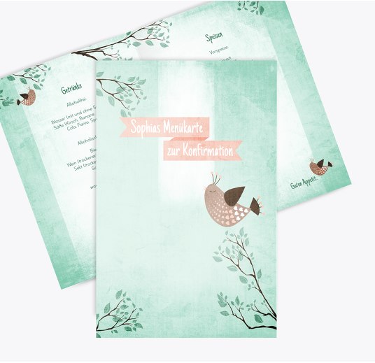 Menükarte zur Konfirmation Vögelchen PastellHellTürkis 148x210mm