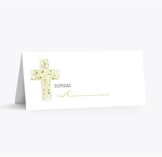 Kommunion Tischkarte Blumenkreuz ApfelGrün 100x44mm