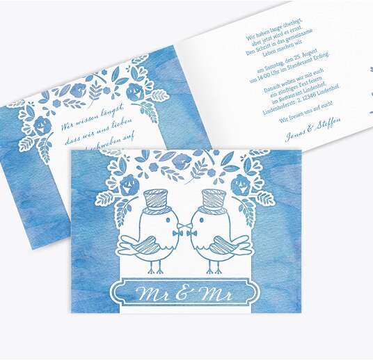 Hochzeit Einladung Vogelpaar- Männer MattBlau 148x105mm