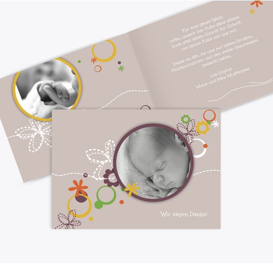 Baby Dankeskarte Blumenornament OckerBeige 148x105mm