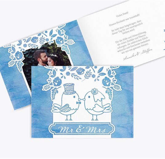 Hochzeit Dankeskarte Vogelpaar MattBlau 148x105mm