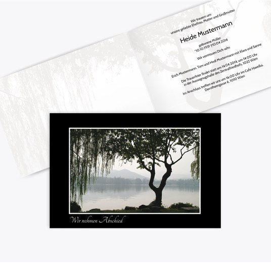Trauerkarte Baum am See quer Schwarz 170x114mm