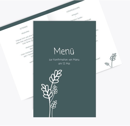 Menükarte zur Konfirmation Gräser Grüntürkisdunkel 148x210mm