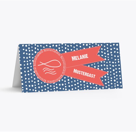 Kommunion Tischkarte Punkte Blau 100x44mm