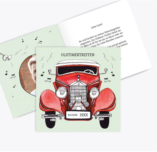Einladung mit Foto Oldtimertreffen Rot 145x145mm