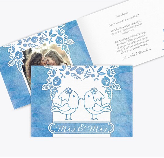 Hochzeit Dankeskarte Vogelpaar - Frauen MattBlau 148x105mm