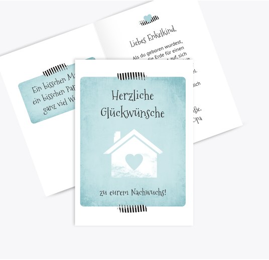 Glückwünschkarte zur Geburt Häuschen hellesTuerkis 105x148mm