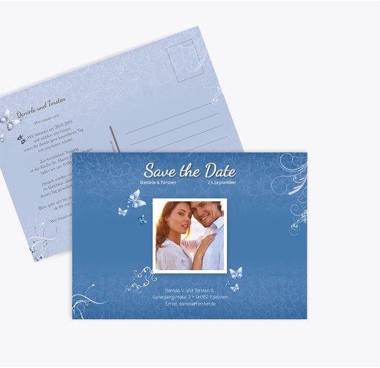 Save-the-Date butterfly KräftigHellMarineblau 148x105mm