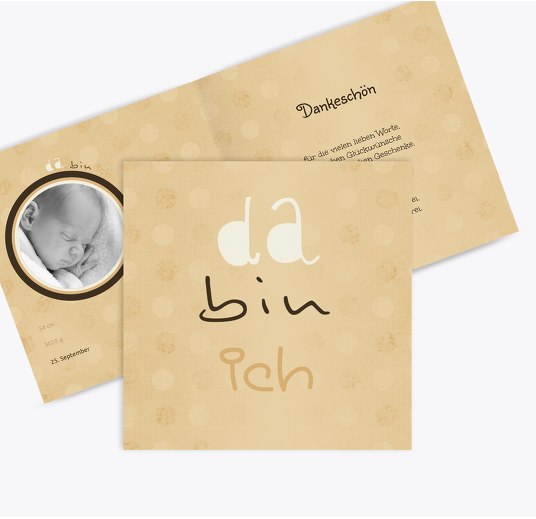Baby Dankeskarte da bin ich BeigeOrange 145x145mm