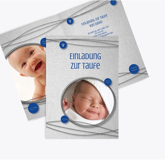 Taufkarte Taufsymbole an Schnüren Blau 105x148mm