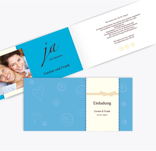 Hochzeit Einladung curly hearts Hellblauleuchtend 215x105mm