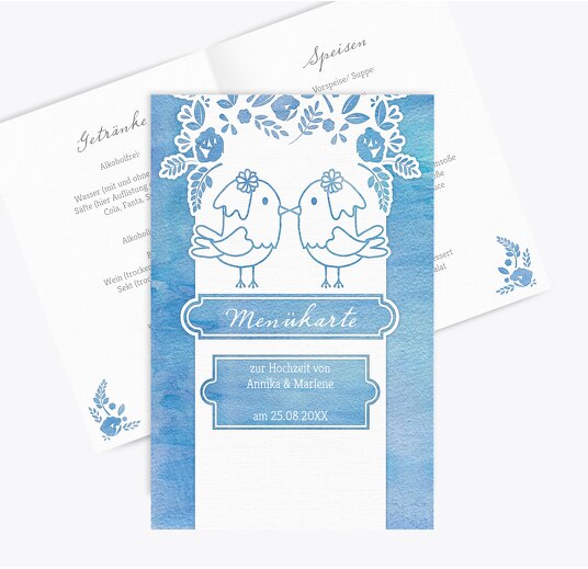 Hochzeit Menükarte Vogelpaar - Frauen MattBlau 148x210mm