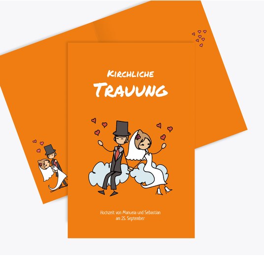 Hochzeit Kirchenheft Umschlag Comic Brautpaar Orange 148x210mm
