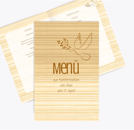 Menükarte Konfirmation Taube 2 BeigeOrange 148x210mm