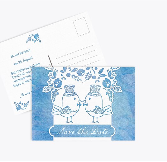 Save-the-Date Vogelpaar- Männer MattBlau 148x105mm