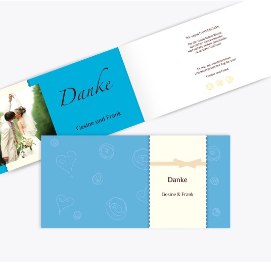 Hochzeit Dankeskarte curly hearts Hellblauleuchtend 215x105mm