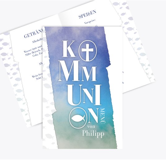 Kommunion Menükarte Himmelreich Blauheller 148x210mm